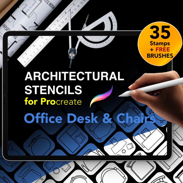 35 Architectural Stencils for Procreate | Office Desk and Chairs | PLUS Free Brushes!