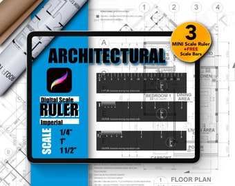 Procreate Architectural Rulers | SET OF 3 MINI Imperial/English Scale Rulers | 1/4", 1 & 1/2" Inches | Transparent Black | Free Scale Bars!