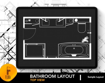 May include: A black and white line drawing of a bathroom layout on a tablet screen. The layout includes a bathtub, shower, toilet, and two sinks. The text "Bathroom Layout | Sample Layout" and "Top View" is visible at the bottom of the screen.