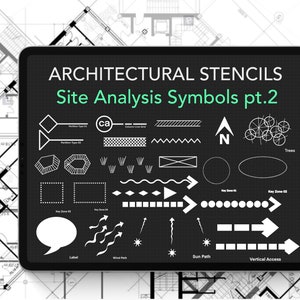 May include: A digital tablet screen displaying a set of architectural site analysis symbols. The symbols are white on a black background and include trees, wind paths, sun paths, vertical access, key zones, and more.