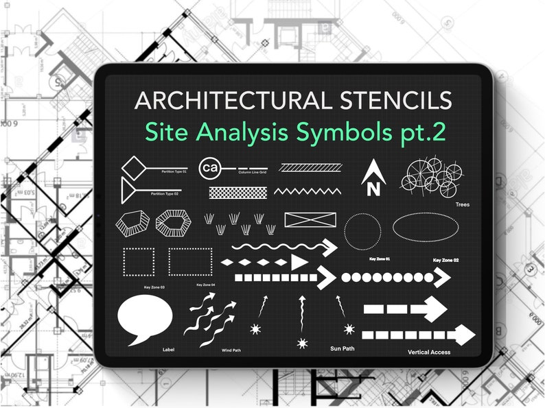 May include: A digital tablet screen displaying a set of architectural site analysis symbols. The symbols are white on a black background and include trees, wind paths, sun paths, vertical access, key zones, and more.