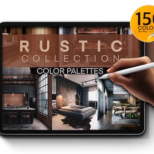 Könnte beinhalten: Ein digitales Tablet zeigt eine Sammlung von 150 rustikalen Farbpaletten für Procreate. Das Bild zeigt drei verschiedene Innendesignszenen mit einem Fokus auf warme, erdige Töne und natürliche Texturen.