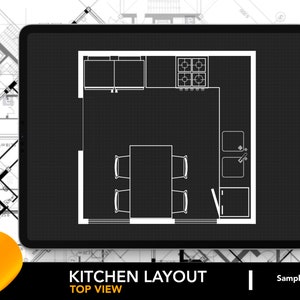 Peut inclure: Vue de dessus en noir et blanc d'une disposition de cuisine avec une table à manger et quatre chaises, un évier de cuisine, une cuisinière et un canapé. Le texte "Kitchen Layout Top View" est sous l'image.