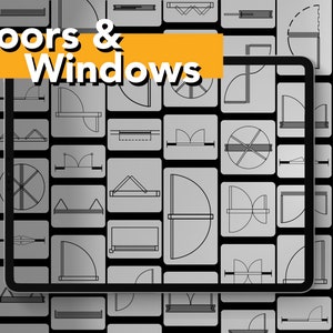 May include: A digital tablet displaying a grid of black and white icons representing different types of doors and windows. The text "Doors & Windows" is displayed in a yellow banner at the top of the image.