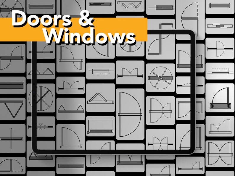 May include: A digital tablet displaying a grid of black and white icons representing different types of doors and windows. The text "Doors & Windows" is displayed in a yellow banner at the top of the image.