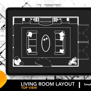 Puede incluir: Un diseño en blanco y negro de planta de un salón con dos sofás, una mesa de centro, una chimenea y dos plantas. El diseño se muestra en la pantalla de una tableta.
