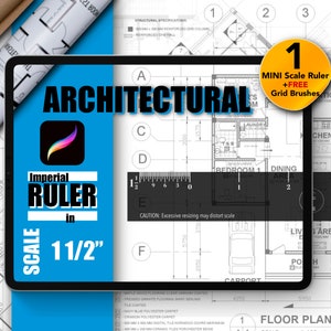 以下が含まれることがあります： 青いタブレットの画面に、「ARCHITECTURAL」と「Imperial Ruler in Scale 1 1/2」インチのテキストが表示された間取り図が表示されています。タブレットは、「1 MINI Scale Ruler + FREE Grid Brushes」というテキストが書かれた黄色の円が描かれた青写真の上に置かれています。