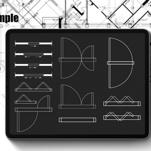 May include: A black tablet screen displaying a white architectural blueprint with various designs for a building. The blueprint is on a grid background.