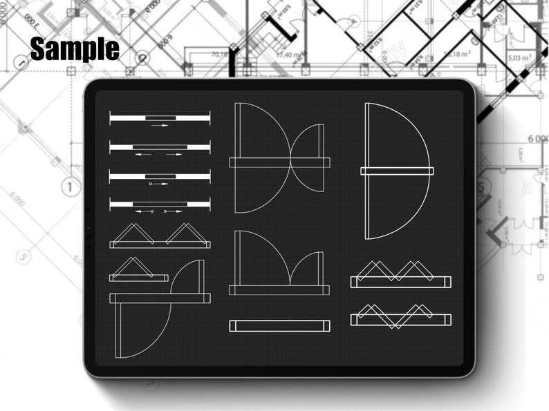 May include: A black tablet screen displaying a white architectural blueprint with various designs for a building. The blueprint is on a grid background.