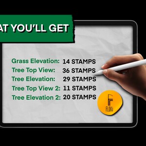 K&ouml;nnte beinhalten: Der Bildschirm eines digitalen Tablets zeigt eine Liste von Elementen mit der Anzahl der Stempel, die mit jedem Element verbunden sind. Die Elemente sind: Grass Elevation, Tree Top View, Tree Elevation, Tree Top View 2 und Tree Elevation 2. Der Text "WHAT YOU'LL GET" wird oben auf dem Bildschirm angezeigt. Eine Hand h&auml;lt einen Stift und zeigt auf die Liste der Elemente. Ein gelber Kreis mit dem Buchstaben "F" und dem Wort "FLOKI" ist unten auf dem Bildschirm sichtbar.