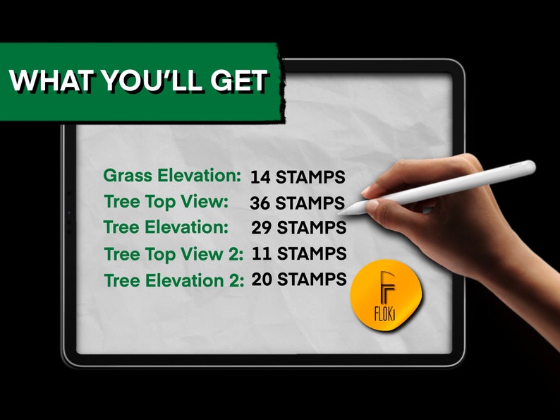 K&ouml;nnte beinhalten: Der Bildschirm eines digitalen Tablets zeigt eine Liste von Elementen mit der Anzahl der Stempel, die mit jedem Element verbunden sind. Die Elemente sind: Grass Elevation, Tree Top View, Tree Elevation, Tree Top View 2 und Tree Elevation 2. Der Text "WHAT YOU'LL GET" wird oben auf dem Bildschirm angezeigt. Eine Hand h&auml;lt einen Stift und zeigt auf die Liste der Elemente. Ein gelber Kreis mit dem Buchstaben "F" und dem Wort "FLOKI" ist unten auf dem Bildschirm sichtbar.