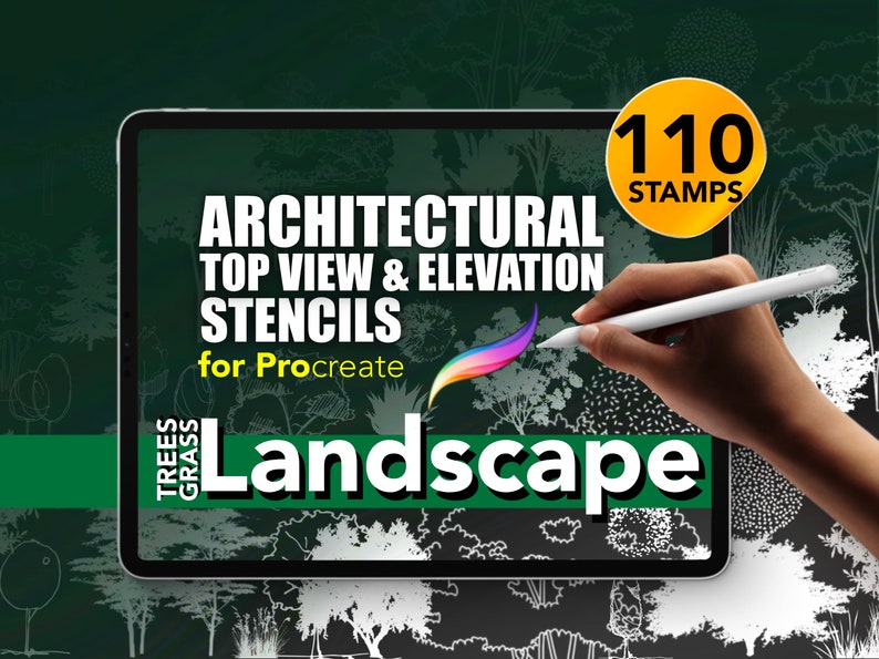 K&ouml;nnte beinhalten: Ein digitaler Tablet-Bildschirm zeigt einen Satz von 110 architektonischen Landschafts-Schablonen f&uuml;r Procreate. Die Schablonen umfassen B&auml;ume und Gras in Draufsicht und Ansicht. Eine Hand verwendet einen Stift, um auf den Bildschirm zu zeichnen.