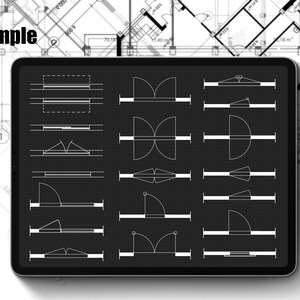May include: A digital tablet displaying a black and white illustration of different types of doors and windows. The illustration is on a grid background.