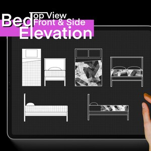 May include: A digital drawing of a bed frame on a tablet screen. The drawing shows the bed from the top, front, and side views. The text "Top View Front & Side Elevation" is at the top of the screen.
