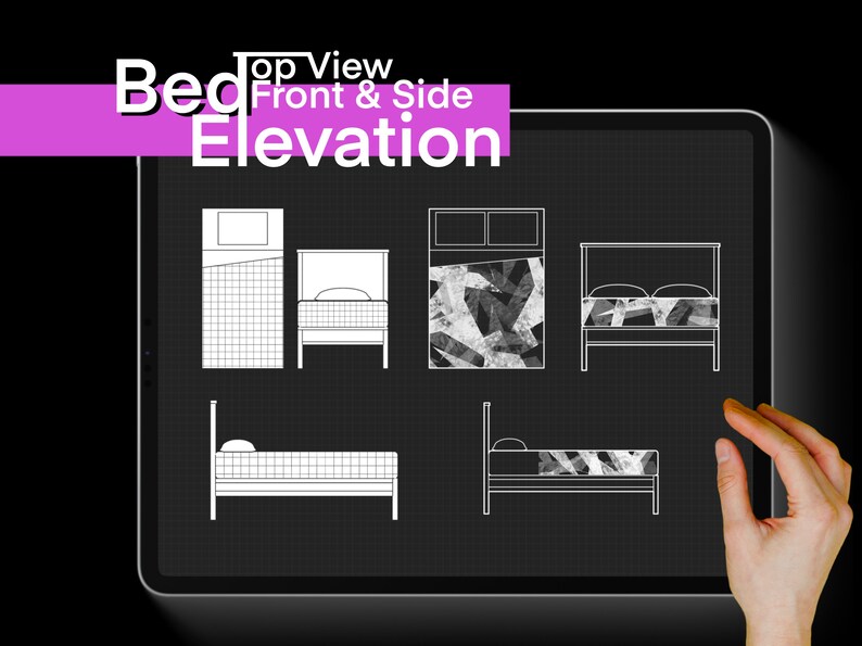 May include: A digital drawing of a bed frame on a tablet screen. The drawing shows the bed from the top, front, and side views. The text "Top View Front & Side Elevation" is at the top of the screen.