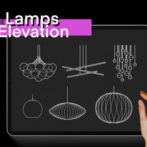 May include: A digital illustration of different lamp designs, including a chandelier, a pendant light, a globe lamp, and a drum shade lamp. The image is labeled "OUTLINE Lamps Elevation".