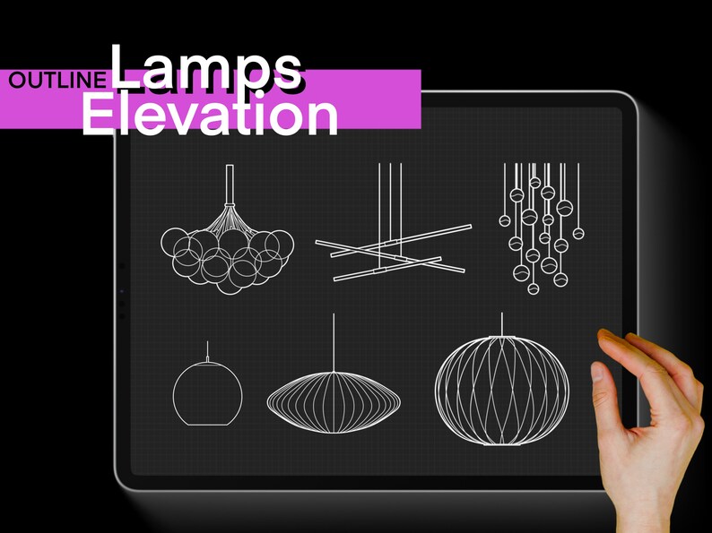 May include: A digital illustration of different lamp designs, including a chandelier, a pendant light, a globe lamp, and a drum shade lamp. The image is labeled "OUTLINE Lamps Elevation".