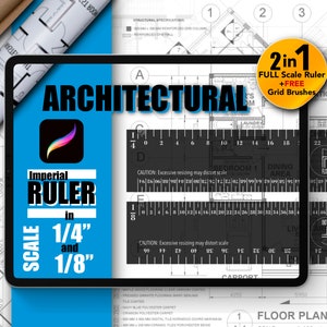Puede incluir: Una tableta azul que muestra una regla digital para dibujos arquitectónicos. La regla está etiquetada como "Imperial Ruler in 1/4" y 1/8" scale". El texto "2 in 1 FULL Scale Ruler + FREE Grid Brushes" se muestra en un círculo amarillo en la pantalla.