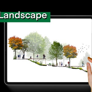 K&ouml;nnte beinhalten: Eine Querschnittsdarstellung eines Landschaftsdesigns mit B&auml;umen, Menschen und einem Weg. Die B&auml;ume sind eine Mischung aus Gr&uuml;n und Herbstfarben. Die Menschen gehen auf dem Weg entlang. Der Text "Landscape" befindet sich oben im Bild.