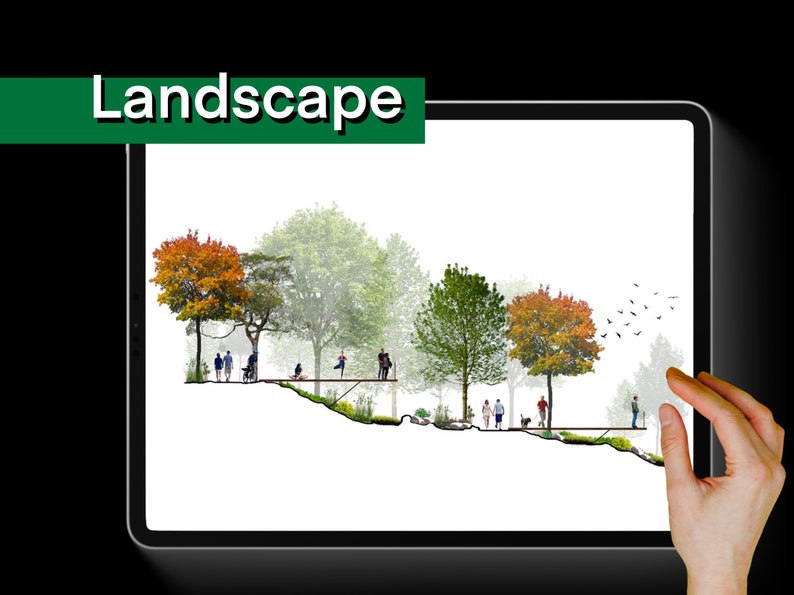 K&ouml;nnte beinhalten: Eine Querschnittsdarstellung eines Landschaftsdesigns mit B&auml;umen, Menschen und einem Weg. Die B&auml;ume sind eine Mischung aus Gr&uuml;n und Herbstfarben. Die Menschen gehen auf dem Weg entlang. Der Text "Landscape" befindet sich oben im Bild.