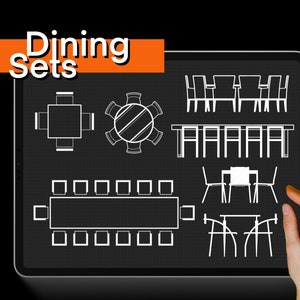 May include: A digital illustration of different dining set configurations, including round tables, rectangular tables, and chairs. The image is on a black background with a white grid pattern.