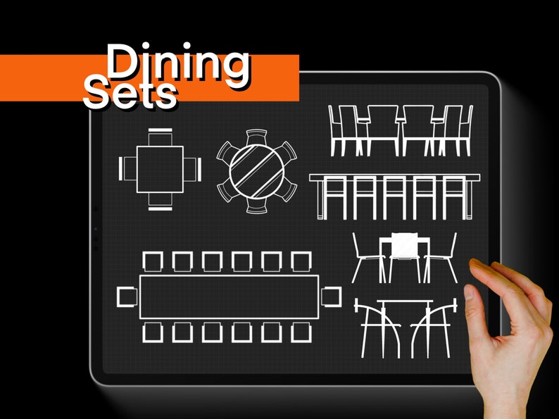 May include: A digital illustration of different dining set configurations, including round tables, rectangular tables, and chairs. The image is on a black background with a white grid pattern.
