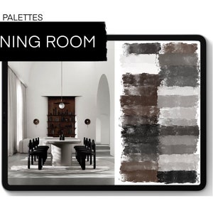 May include: A digital illustration of a dining room color palette. The palette features a variety of shades of gray, brown, and white. The colors are arranged in horizontal stripes, creating a modern and minimalist look.