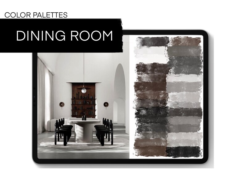 May include: A digital illustration of a dining room color palette. The palette features a variety of shades of gray, brown, and white. The colors are arranged in horizontal stripes, creating a modern and minimalist look.