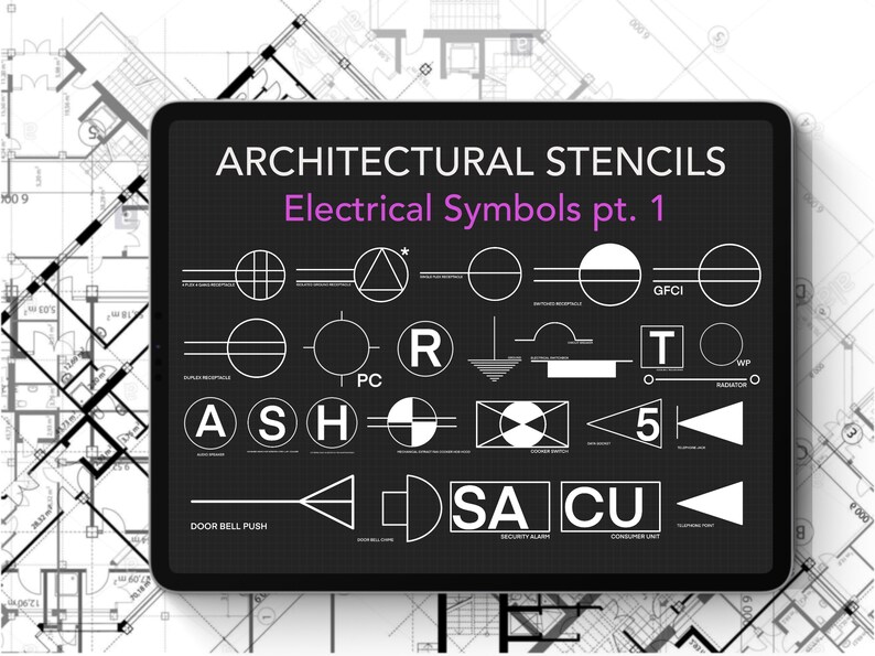 May include: A black tablet screen displaying a set of white electrical symbols on a black background. The title of the screen reads "ARCHITECTURAL STENCILS Electrical Symbols pt. 1".
