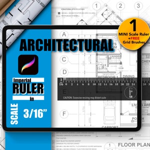 以下が含まれることがあります： 青いタブレットの画面に、「Imperial Ruler in Scale 3/16」というデジタル定規アプリが表示されています。画面には、間取り図が表示されています。このアプリは、建築図面用に設計されており、定規とグリッドブラシが含まれています。