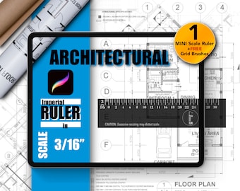 May include: A blue tablet screen displaying a digital ruler app called "Imperial Ruler in Scale 3/16" with a floor plan on the screen. The app is designed for architectural drawings and includes a ruler and grid brushes.