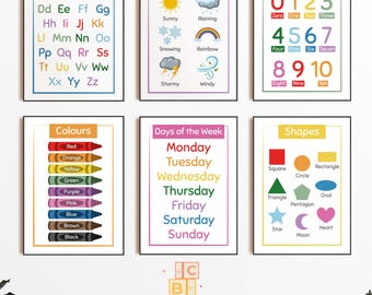 Pósteres educativos para niños pequeños/niños/Arte mural infantil/Abecedario/Números 123/Decoración de sala de juegos/Impresiones artísticas para dormitorio infantil