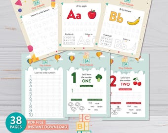 Hojas de actividades del alfabeto de la A a la Z / Paquete de hojas de actividades de números del 1 al 10 para niños y bebés / Imprimible digital educativo / Halal