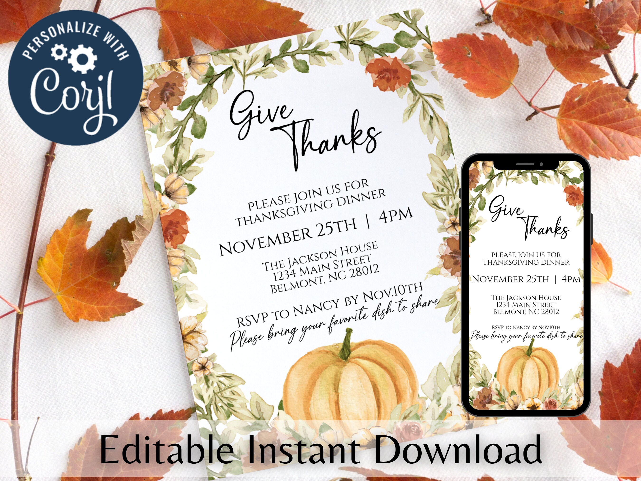 Thanksgiving Invitation and Evite Instant Download Editable - Etsy