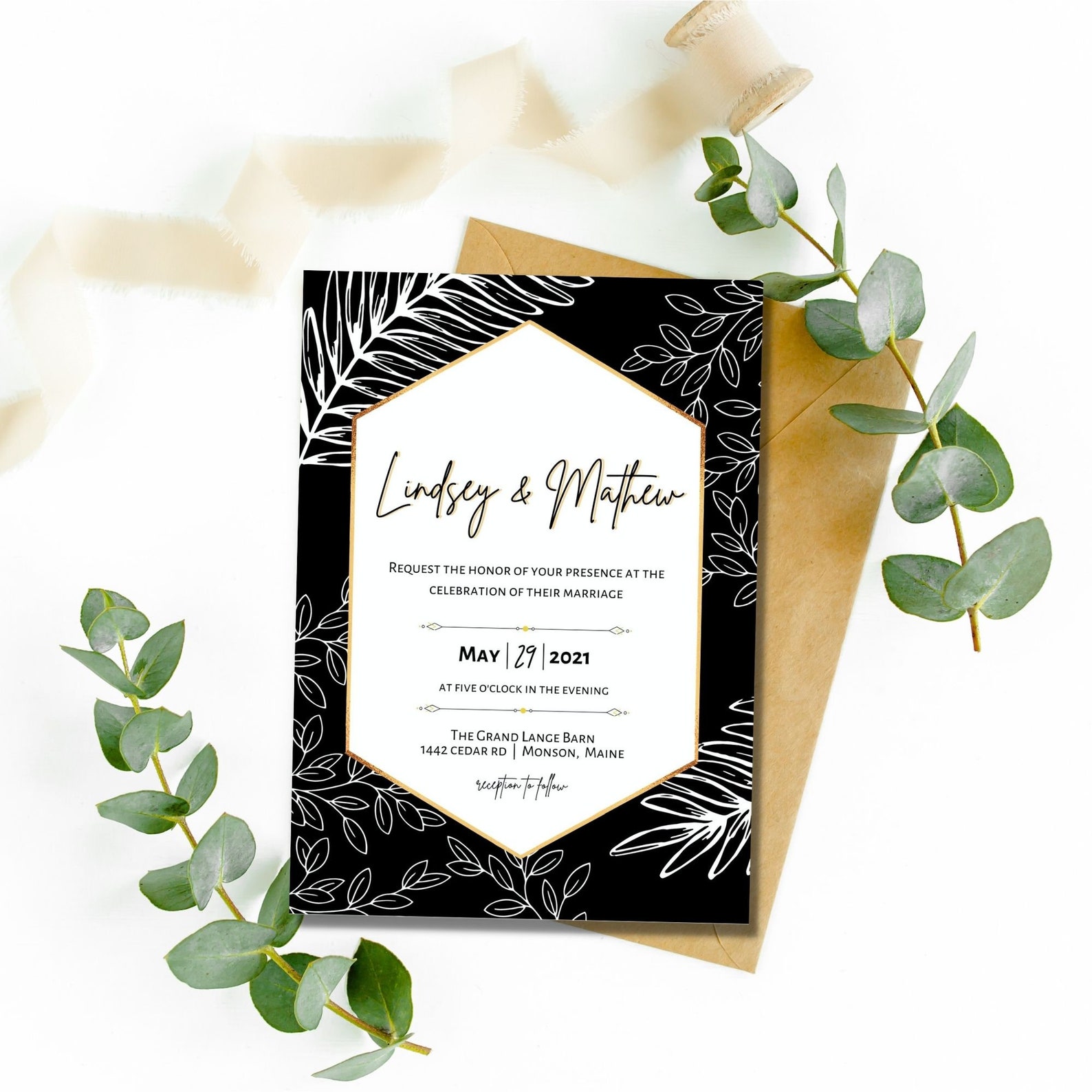Wedding invitation template canva template foliage wedding etsy