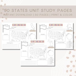 Estudio de unidad de los 50 estados, páginas de aprendizaje de los Estados Unidos, estudio de los estados de educación en el hogar