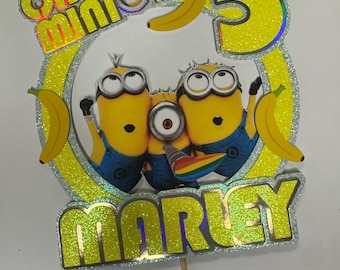 minion inspired cake topper with name and age