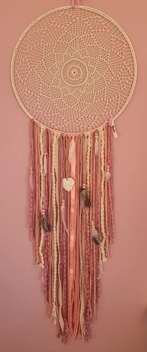 Dreamcatcher Bohème de Couleur Rose, Blanc Cassé Pour Déco Mural