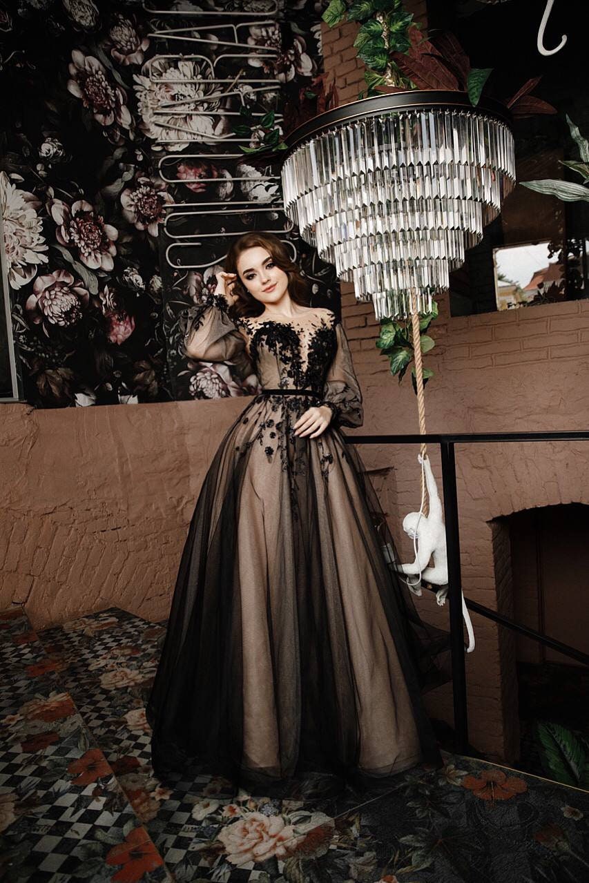 Custom Black Wedding/Evening Dress , Long Bishop-Style Sleeves ,Black and Nude Tulle A Line Bridal Dress "CORALINE'