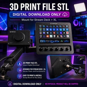 Elgato Stream Deck+ XL-fäste för 3D-utskrift i STL-format | 1/4-tums Magic Arm-fäste (digital nedladdning)