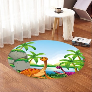 Tappeto rotondo con dinosauri colorati, tappeto da gioco per la cameretta dei bambini, tappeto con dinosauri della giungla per ragazzi e ragazze, tappeto lavabile in lavatrice, tappeto antiscivolo.