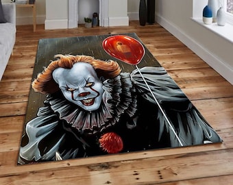 May include: A black and red area rug with a scary clown holding a red balloon. The clown has a menacing smile and orange hair. The background is dark and stormy.