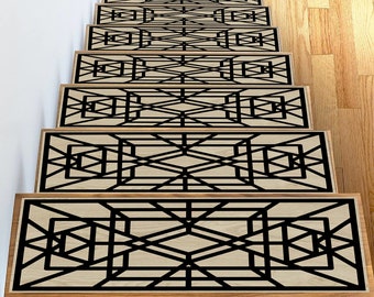 Outdoor Stair Treads, Non Slip Stair Tread Set, Washable Stair Rugs, Geometric Stair Carpet, Modern Step Mats for Wooden Stairs