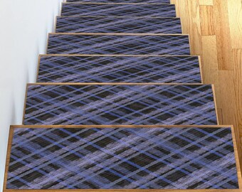 Blue Pattern Stair Treads: Non-Slip Stair Rug Set