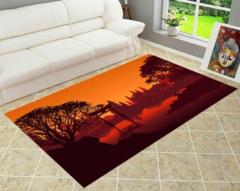 Japanese Sunset Area Rug: Themed Home Decor Carpet