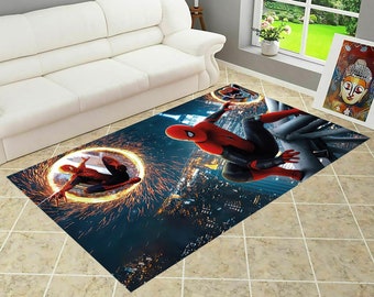 May include: A colorful rug featuring two Spider-Man characters swinging through a city skyline at night. The rug has a dark blue background with bright orange and yellow sparks.