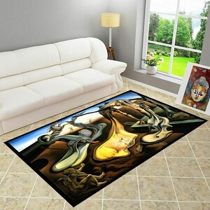 May include: A black and brown area rug with a surrealist painting of a melting clock, a flowing figure, and other abstract shapes. The rug is on a tiled floor in a room with a white couch and a lamp.