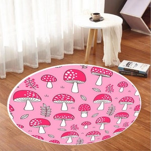 Pink Mushroom Pattern Rug: Non-Slip Round Kids Room Decor