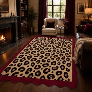 Scalloped Leopard Print Rug, Coquette Area Rug, Old Money Decor Rug, Feminine Bedroom Rug, Luxury Animal Print Carpet, Chic Room Decor