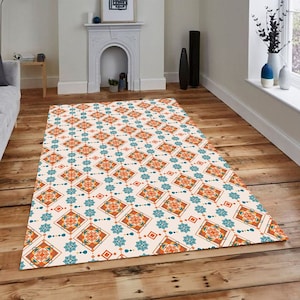 Geometric Patterned Rug, Abstract Decor Rug, Beige-Orange Rug, Art Decor Rug, Modern Rug, Room Rug, Gift for Her-Him, Retro Rug,Non-Slip Rug